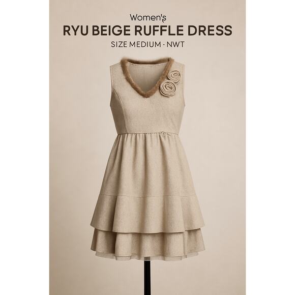 Ryu x Anthropologie Beige Wool Dress M Fur Trim, Rosette | NWT Cottagecore - Picture 1 of 8